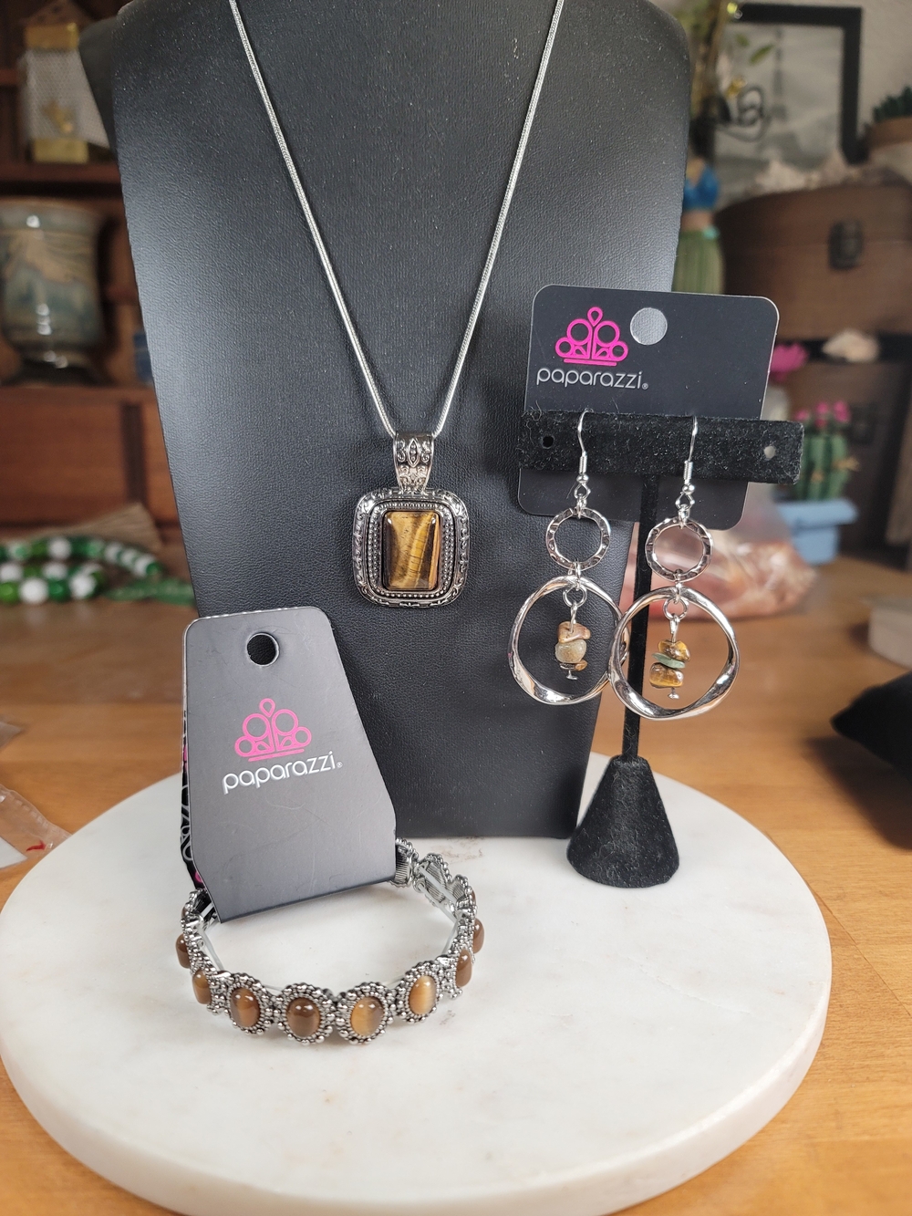 paparazzi Brown Tiger Eye Necklace, Bracelet & Hoop Earrings Set
